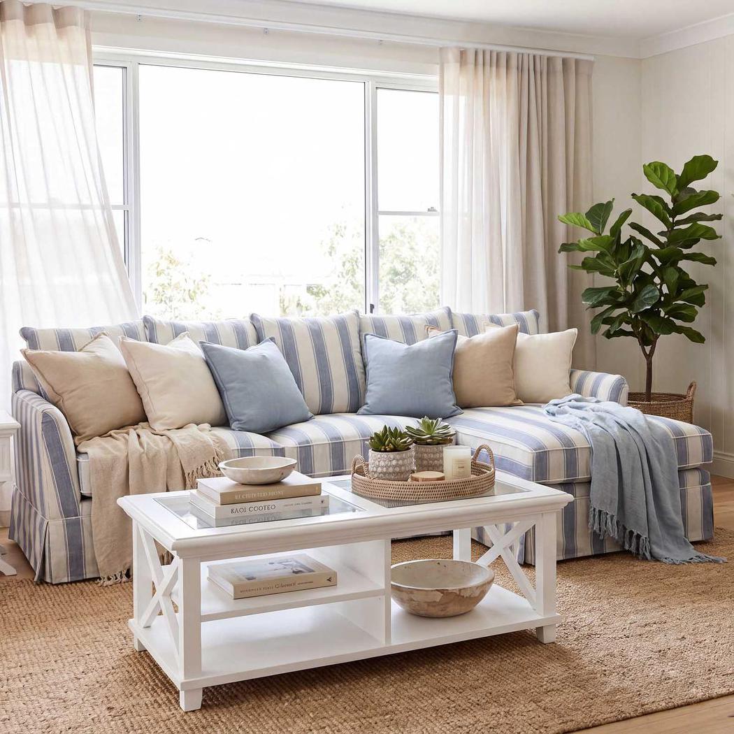 Noosa 3 Seater Right Chaise Sofa Blue Sky Stripe