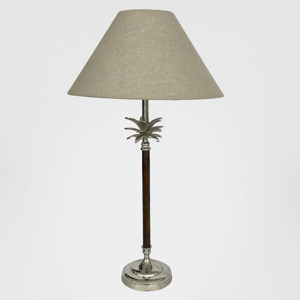 Nickel/Wood Palm Lamp W/Nat Linen Shade
