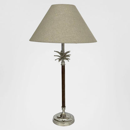 Nickel/Wood Palm Lamp W/Nat Linen Shade