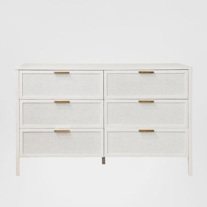 Santorini Hamptons 6 Drawer Timber/Rattan Dresser 140cm White