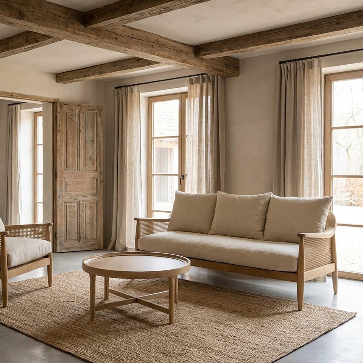 Luberon 2 Seat Oak & Rattan Sofa W/Linen Blend Cushions