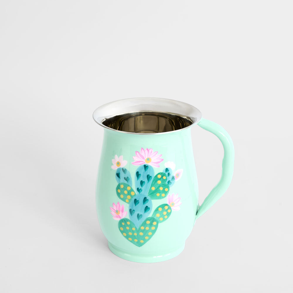 Prickly Pear Cactus Hand Painted Jug Teal