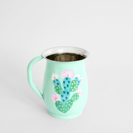 Prickly Pear Cactus Hand Painted Jug Teal