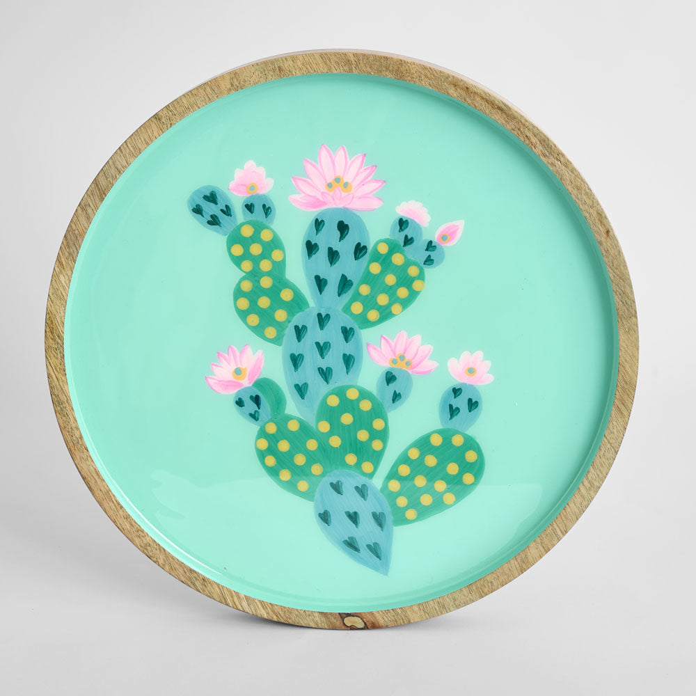 Prickly Pear Cactus Hand Painted Enamel Tray Teal