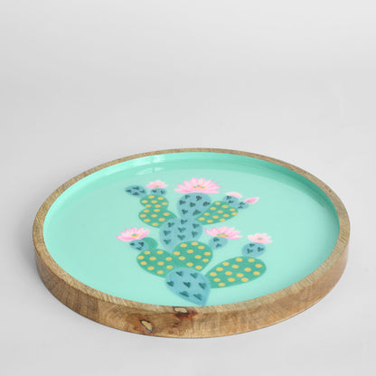 Prickly Pear Cactus Hand Painted Enamel Tray Teal