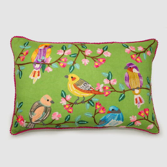 Rosella 40 x 60cms Embroidered Cushion Green