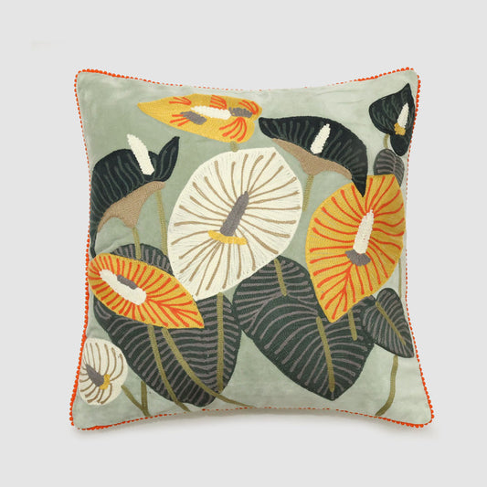 Peace Lily 50 x 50cm Embroidered Cushion Pale Green