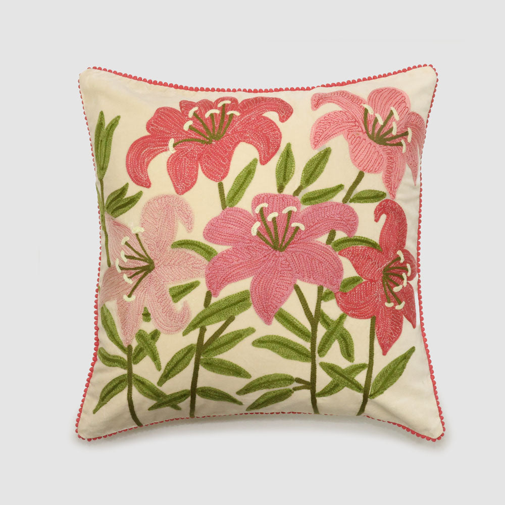 Lilies 50 x 50cm Embroidered Cushion Ivory