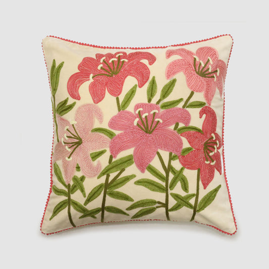 Lilies 50 x 50cm Embroidered Cushion Ivory