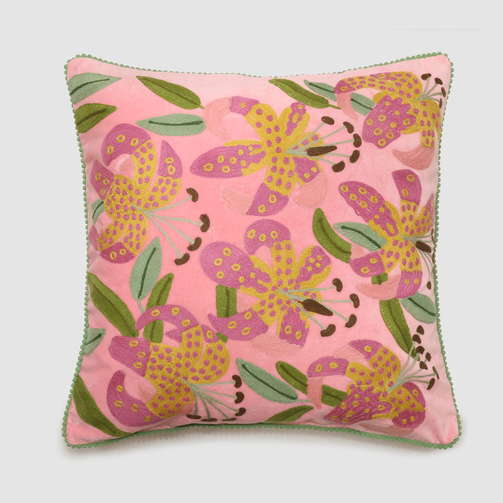 Lilies 50 x 50cm Embroidered Cushion Light Pink