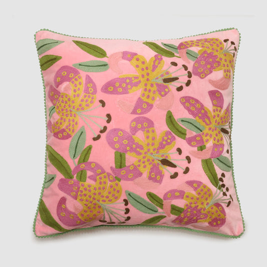 Lilies 50 x 50cm Embroidered Cushion Light Pink
