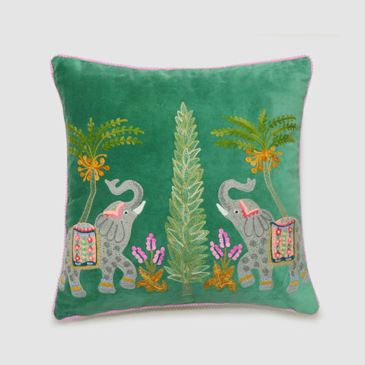 Elephants 50 x 50cm Embroidered Cushion Green