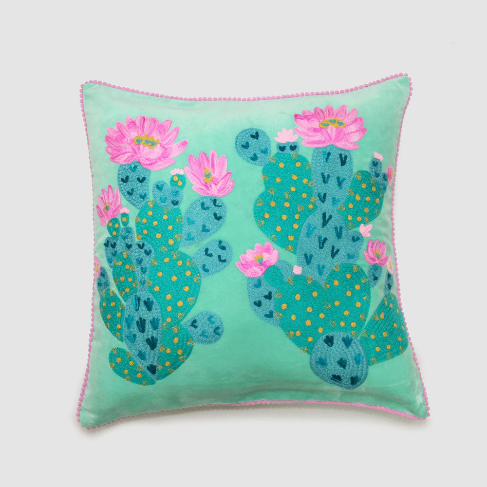 Prickly Pear Cactus 50 x 50cm Embroidered Cushion Teal