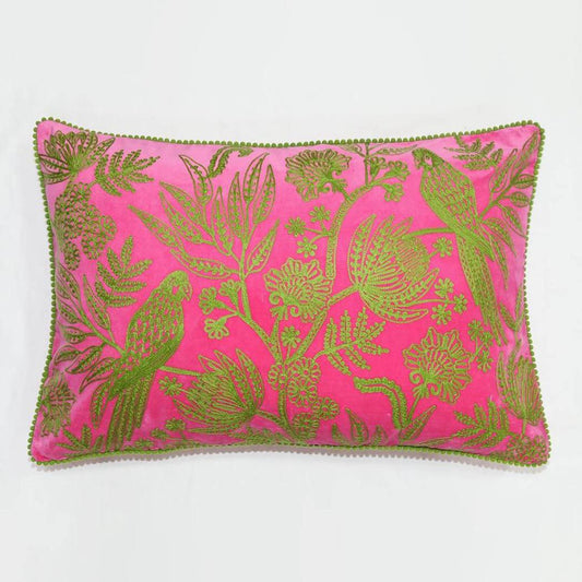 Jungle Bird 40x60cm Embroidered Cushion Pink & Green