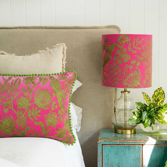 Jungle Bird 40x60cm Embroidered Cushion Pink & Green