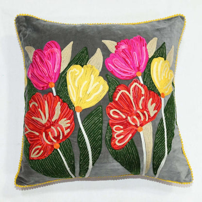 Lotus Flower 50x50cm Embroidered Cushion Grey