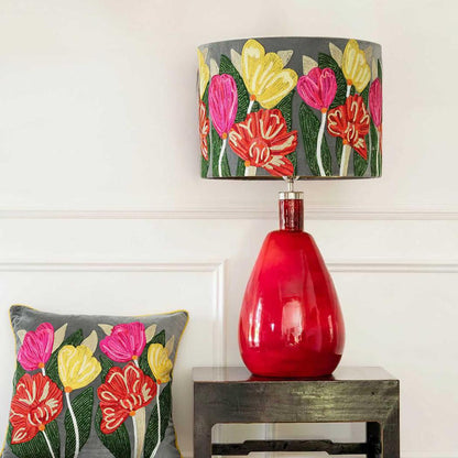 Lotus Flower 50x50cm Embroidered Cushion Grey