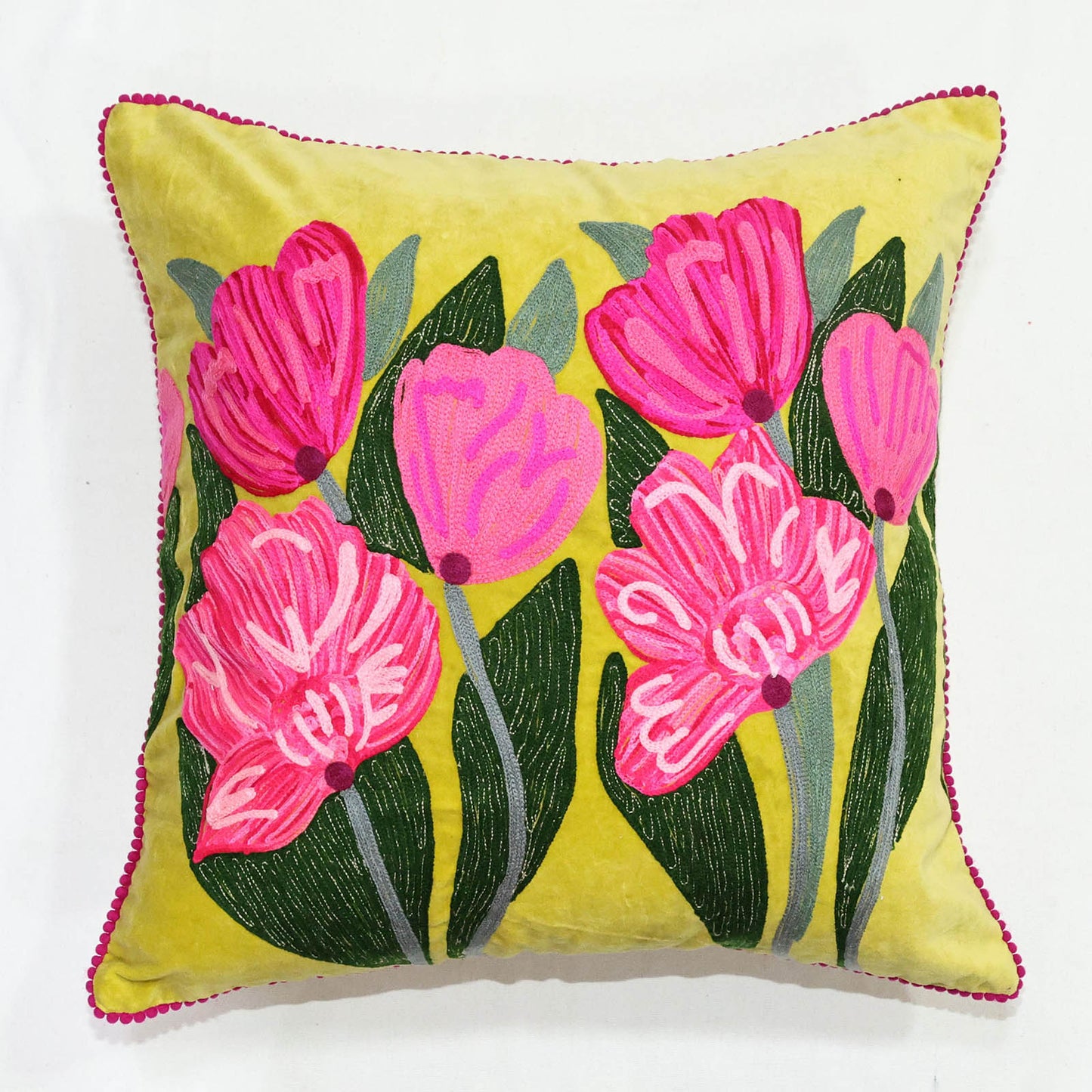 Lotus Flower 50x50cm Embroidered Cushion Yellow