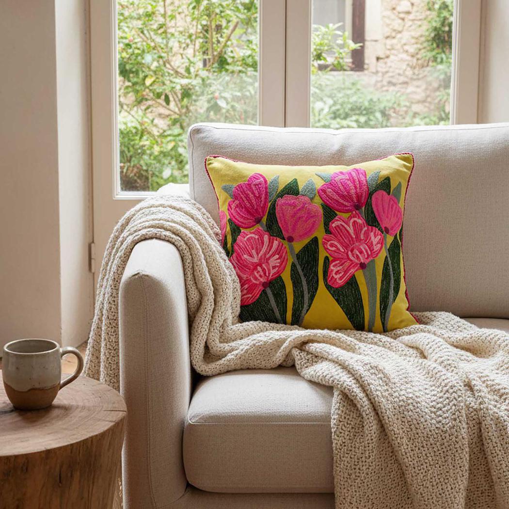 Lotus Flower 50x50cm Embroidered Cushion Yellow