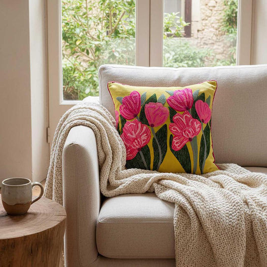 Lotus Flower 50x50cm Embroidered Cushion Yellow