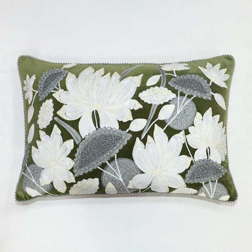 White Lotus 40x60cm Embroidered Cushion Green