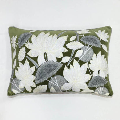 White Lotus 40x60cm Embroidered Cushion Green