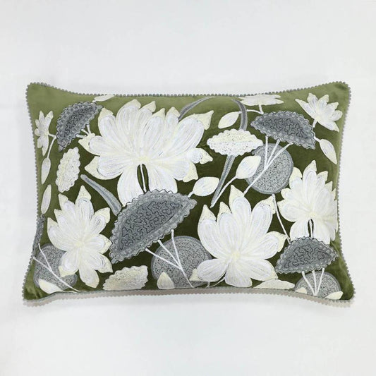 White Lotus 40x60cm Embroidered Cushion Green