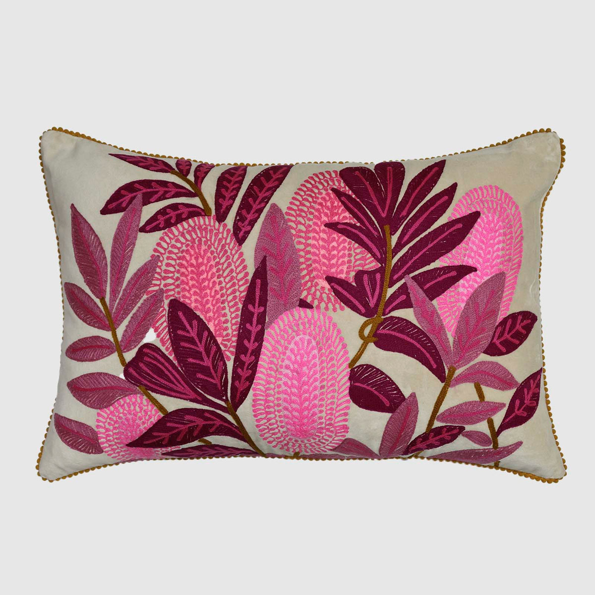 Pink Banksia 40x60cm Embroidered Cushion Cream