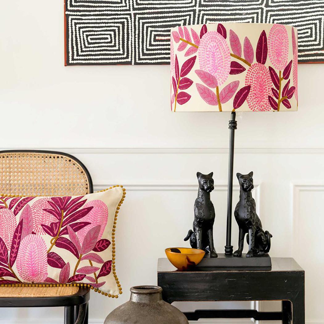 Pink Banksia 40x60cm Embroidered Cushion Cream