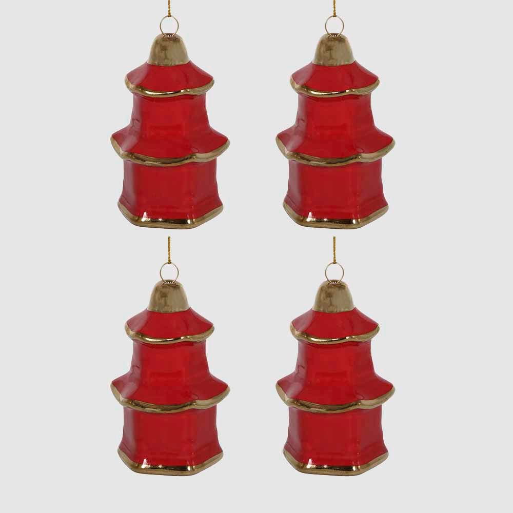Pagoda Hanging Ornaments Box of 4 Red