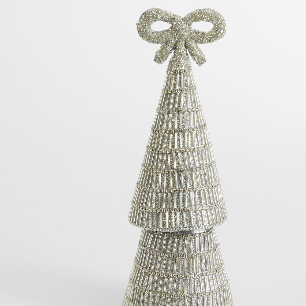 Tiffany Bow Bugle Bead Tiered Cone Tree Small Silver