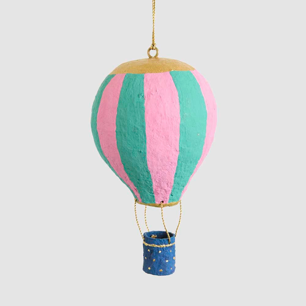 Mache Hot Air Balloon Teal Stripe Hanging Decoration