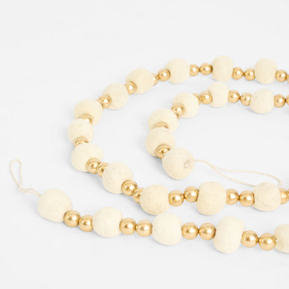 Felt Pompom Garland With Gold Beads Ivory