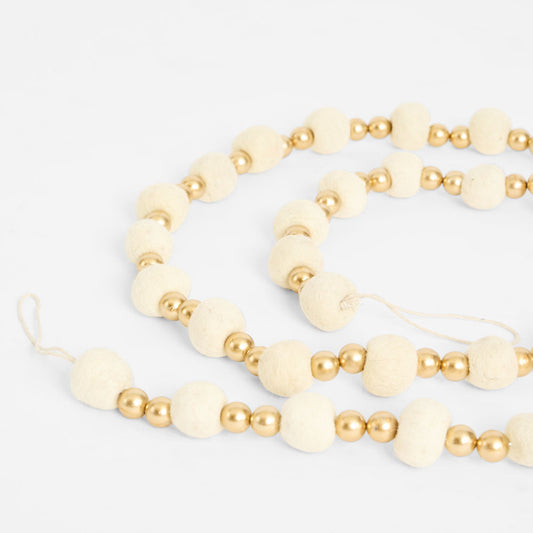 Felt Pompom Garland With Gold Beads Ivory
