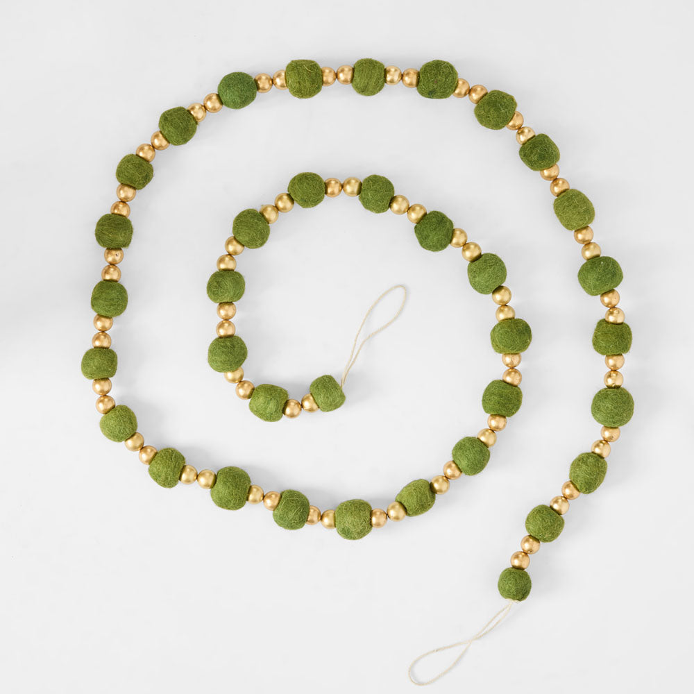 Felt Pompom Garland With Gold Beads Green