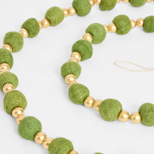 Felt Pompom Garland With Gold Beads Green
