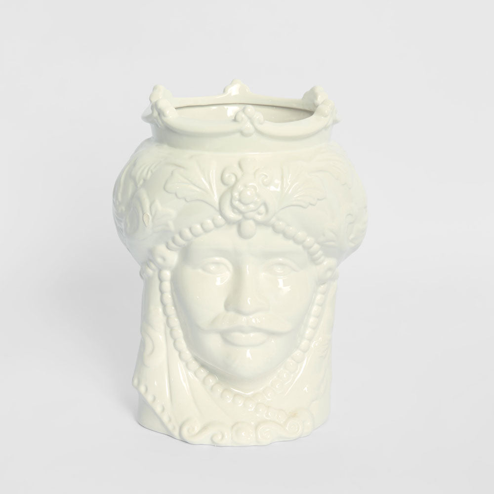 Sicilian King Moro Head Ceramic Vase White Small
