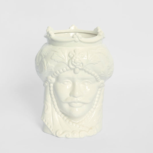 Sicilian King Moro Head Ceramic Vase White Small