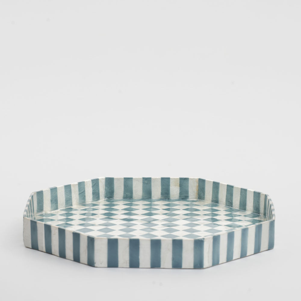 Blue Check Capiz Tray Lge