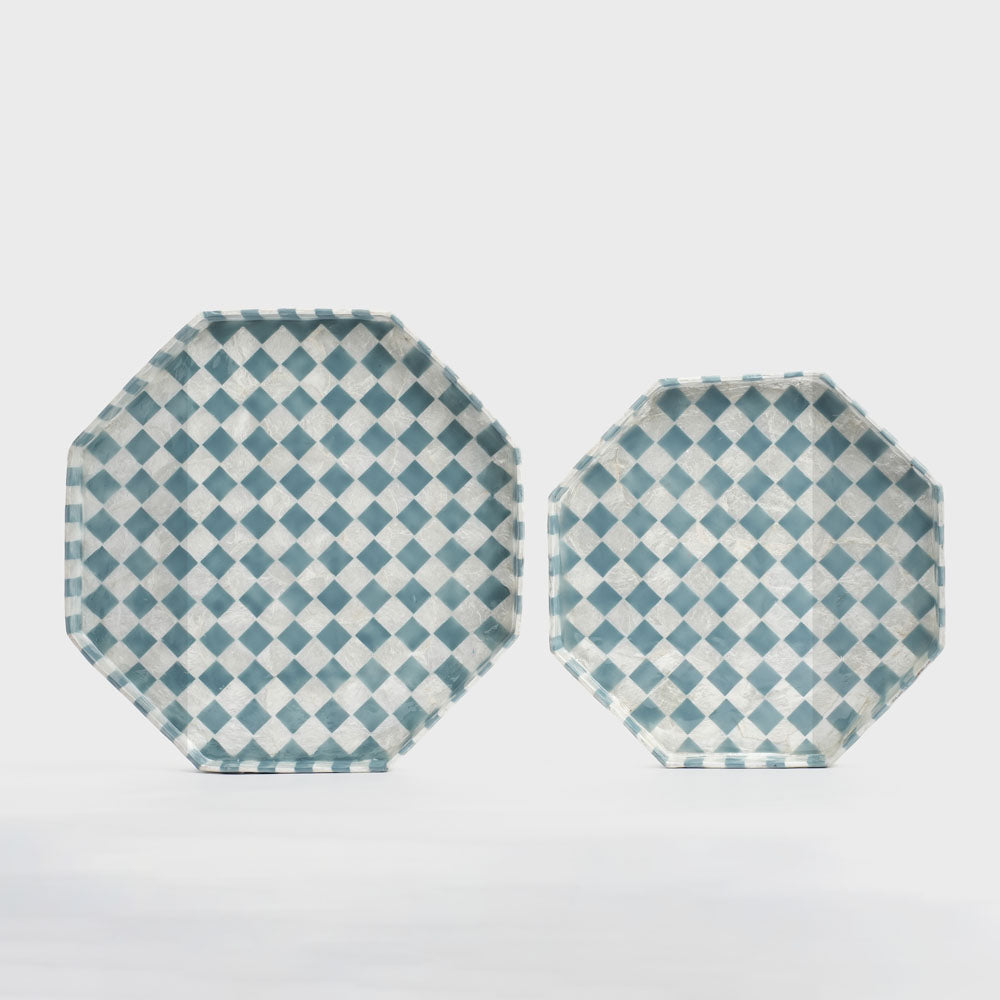 Blue Check Capiz Tray Lge