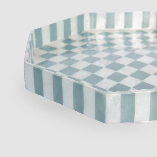 Blue Check Capiz Cake Stand Sml