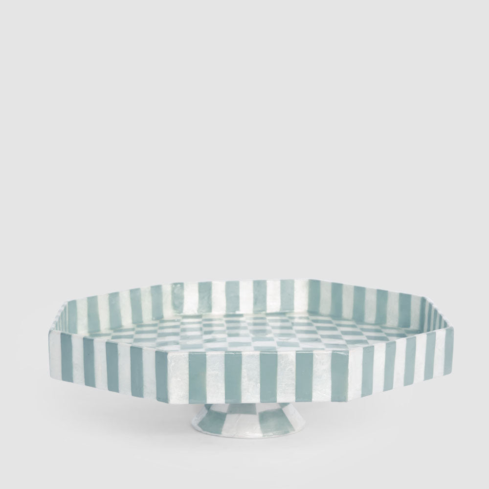 Blue Check Capiz Cake Stand Lge