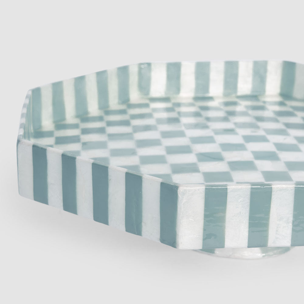 Blue Check Capiz Cake Stand Lge