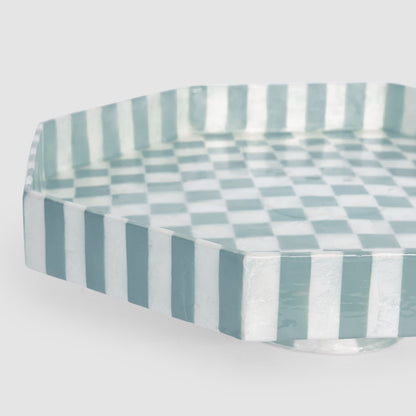 Blue Check Capiz Cake Stand Lge