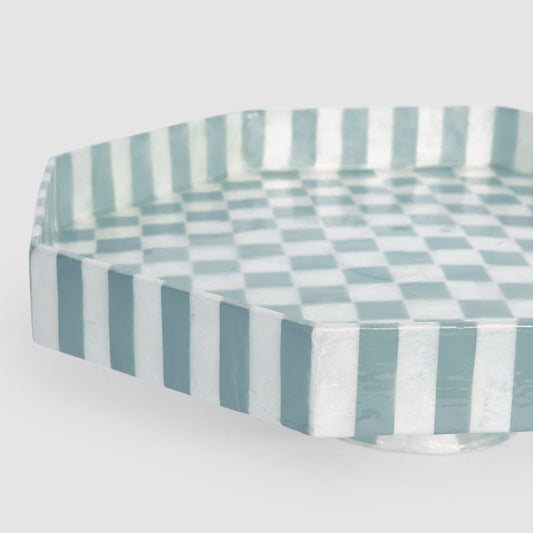 Blue Check Capiz Cake Stand Lge