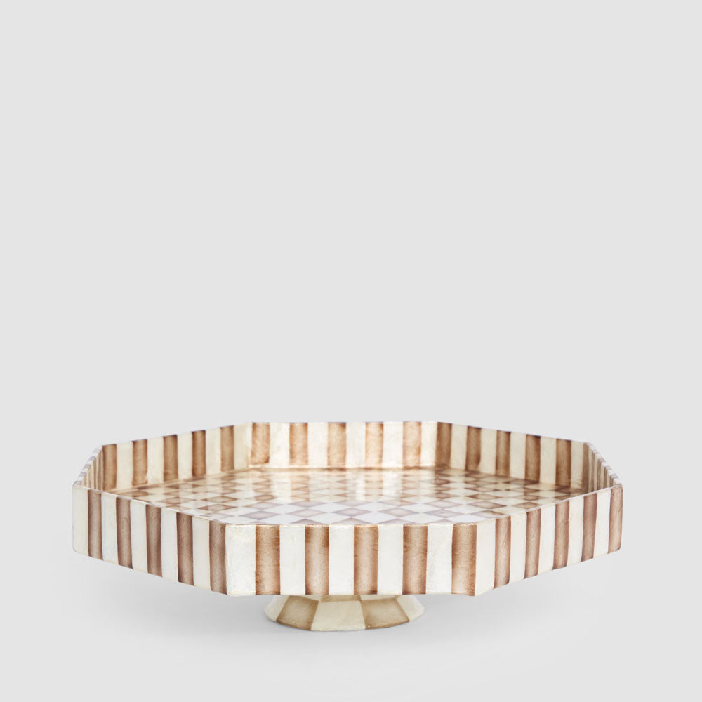 Brown Check Capiz Cake Stand Lge