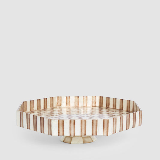 Brown Check Capiz Cake Stand Lge