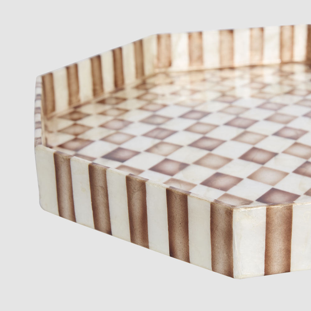 Brown Check Capiz Cake Stand Lge