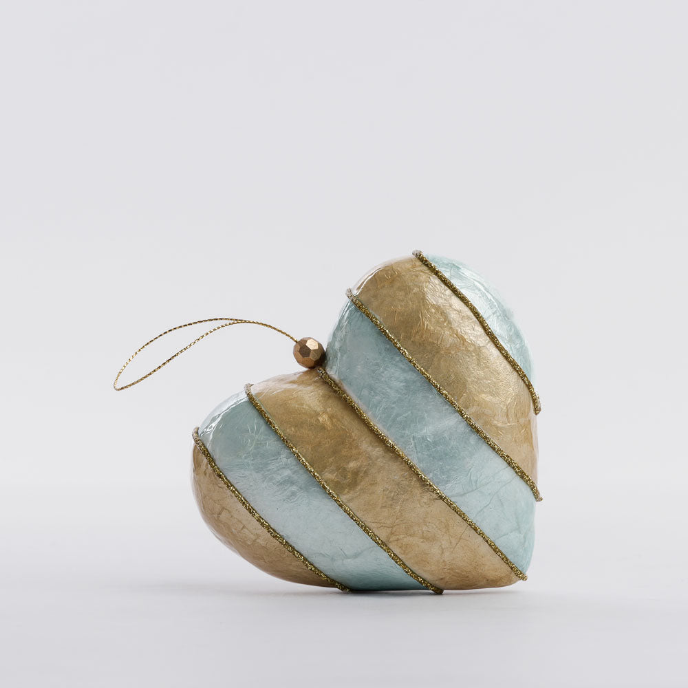 Stripe Capiz Heart Decoration Gold & Blue Med