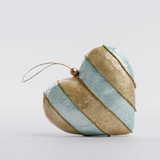 Stripe Capiz Heart Decoration Gold & Blue Med